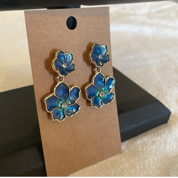 Vintage Double Flower Blue Enamel With Crystal Rhinestone Drop Earrings - Picture 2 of 8